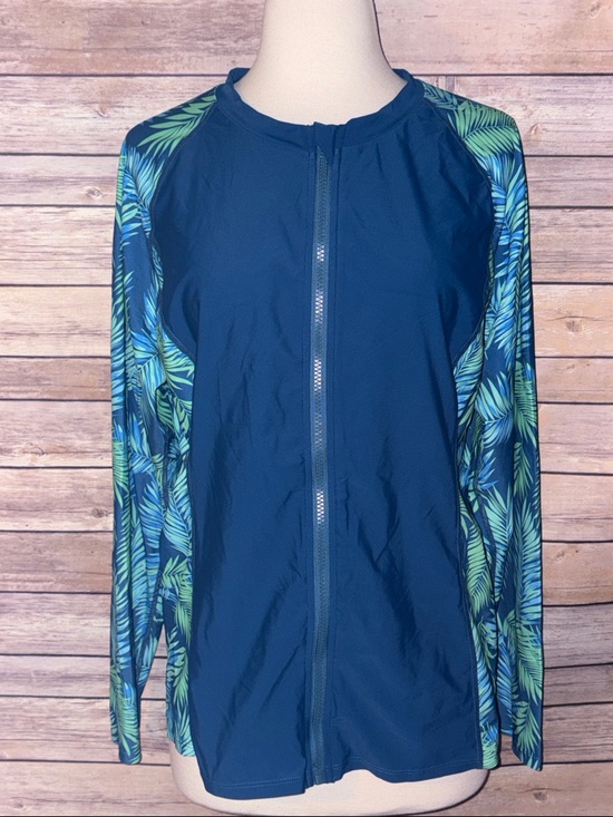 Kate Kasin Other - Women’s Navy Blue Zip-Front Rash Guard with Tropical Print Sleeves